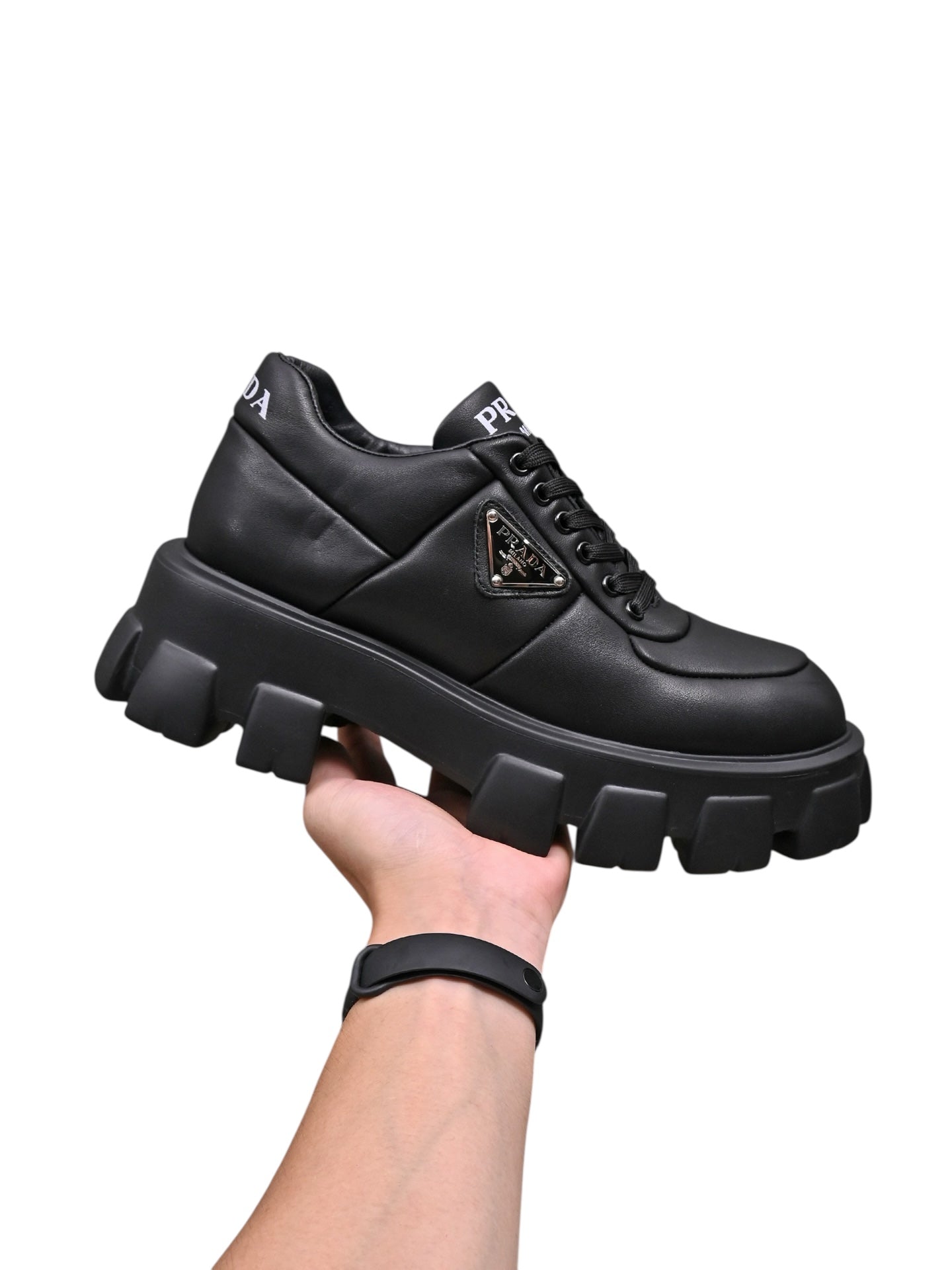 PRADA Monolith Brushed Leather Lace-Up Shoes Black – US W 8 (Box Included)